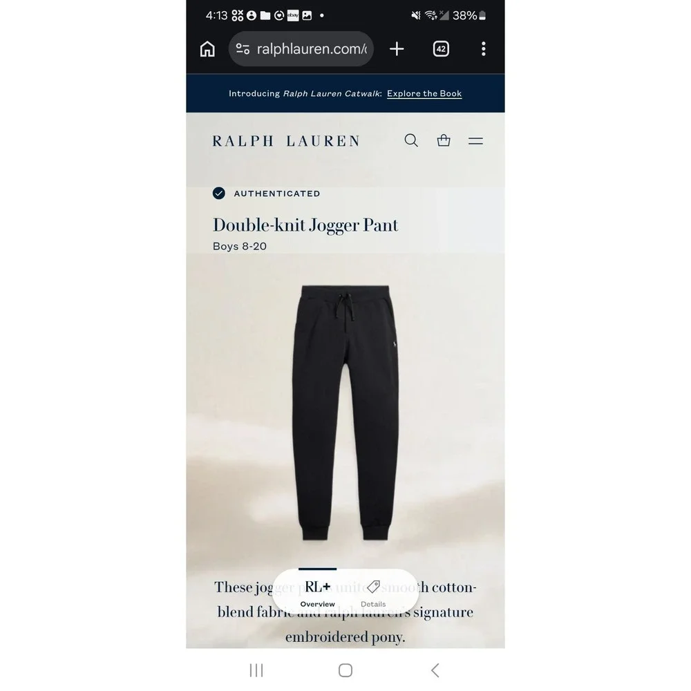 Polo Ralph Lauren Joggers Youth XL Big Kids Double Knit Cotton Sweatpants‎ Black